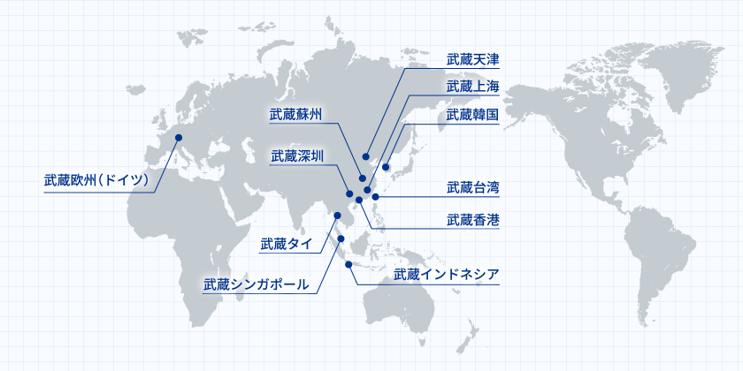 武蔵エンジニアリングの海外拠点を示す世界地図