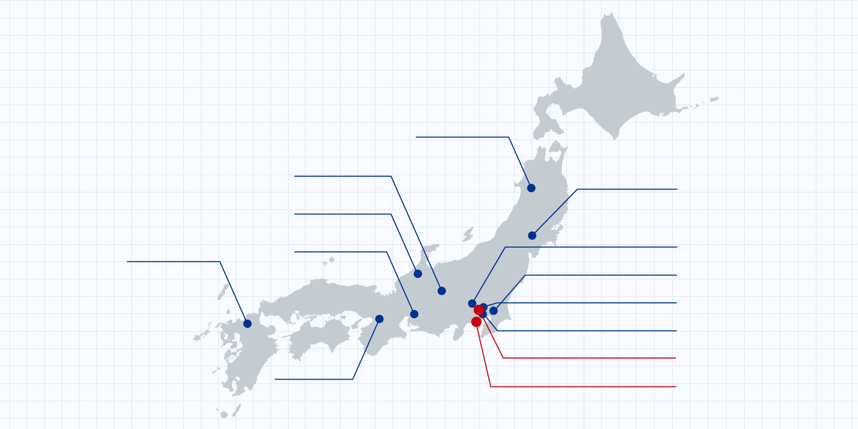 武蔵エンジニアリングの国内拠点を示す日本地図